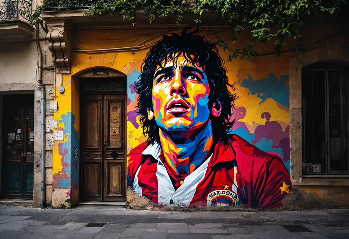 Murales dedicato a Maradona a Napoli, simbolo di passione