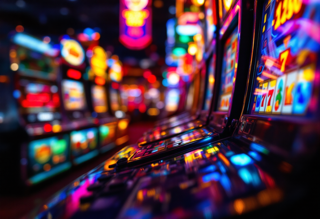 Immagine di slot machine online con simboli colorati