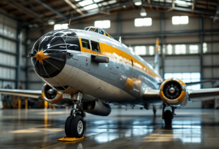 Lockheed L-1649A in volo sopra paesaggio storico