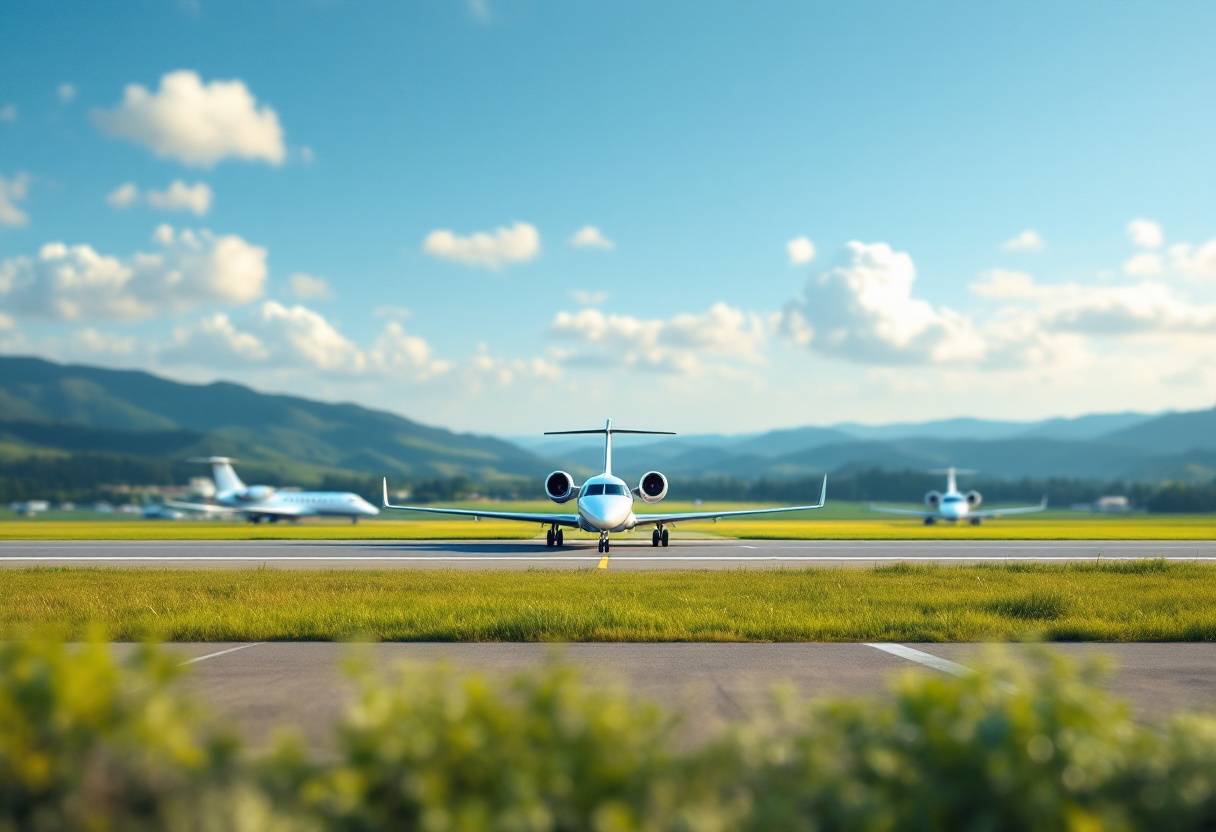 Jet privato in volo sopra un paesaggio naturale